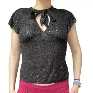 ESCADA Sequin Beaded embellished Short Sleeve Tie front Top Women’s size small